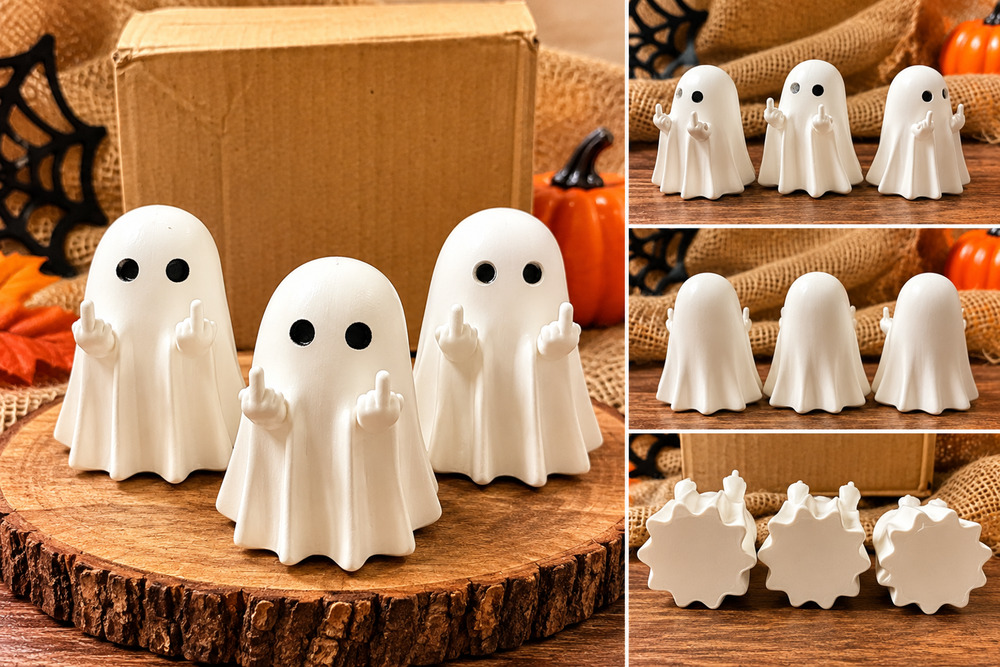 3 Funny Rude Ghost Figurines Middle Finger Halloween Decor White Mini Figures
